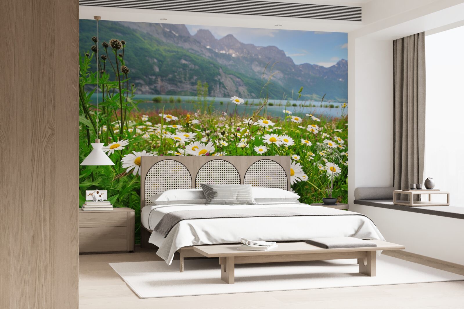 Fototapet peisaj cu câmp de mușețel la poalele munților