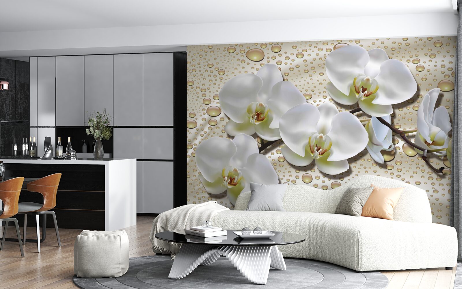 Fototapet ramură de orhidee albă umezită de ploaie pe mătase