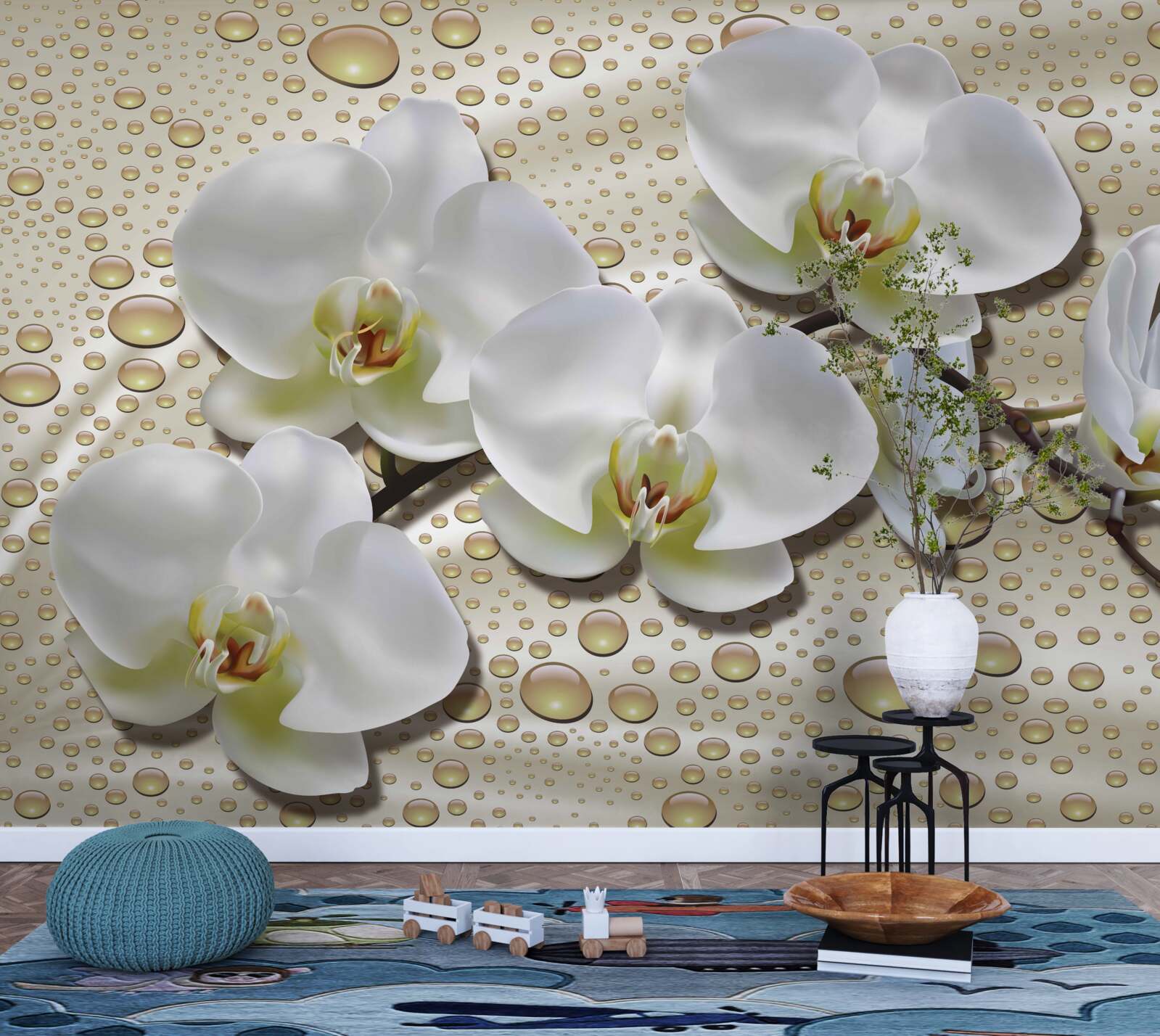 Fototapet ramură de orhidee albă umezită de ploaie pe mătase