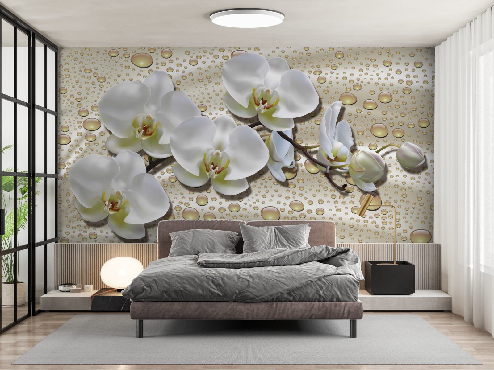 Fototapet ramură de orhidee albă umezită de ploaie pe mătase