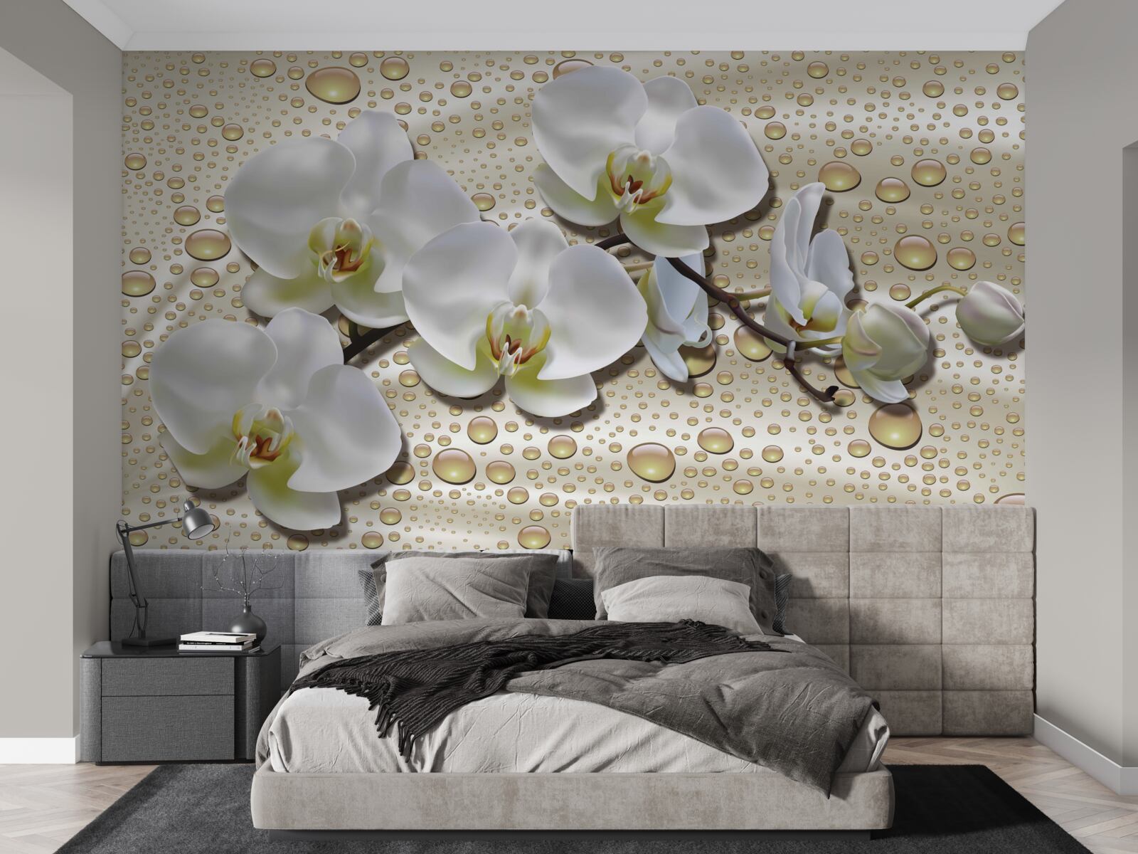 Fototapet ramură de orhidee albă umezită de ploaie pe mătase