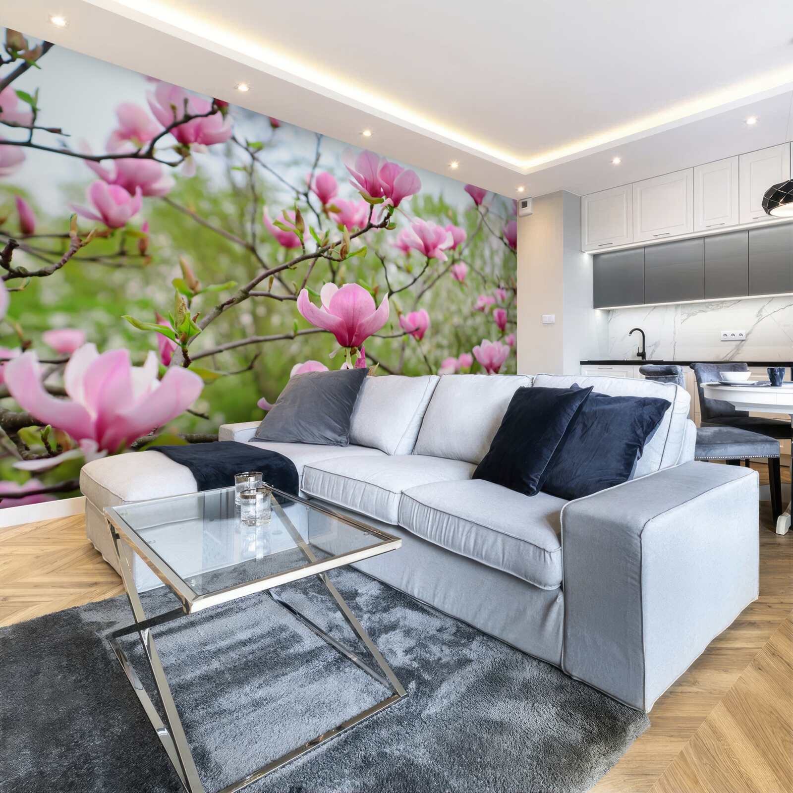 Fototapet grădină de magnolii cu flori roz în timpul verii