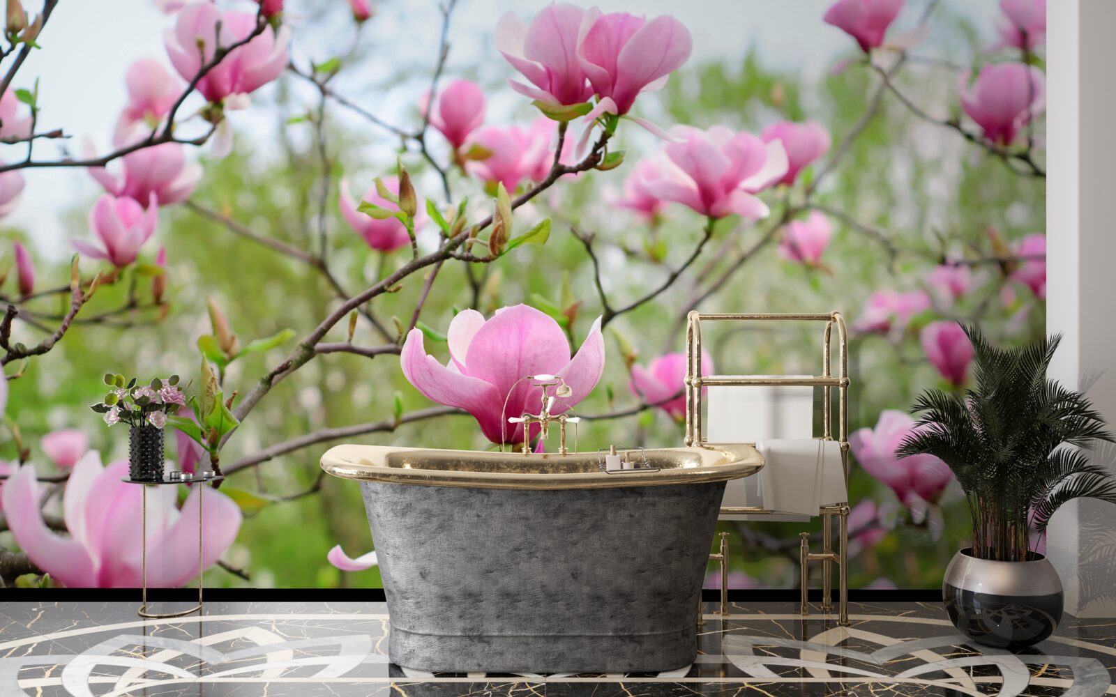 Fototapet grădină de magnolii cu flori roz în timpul verii