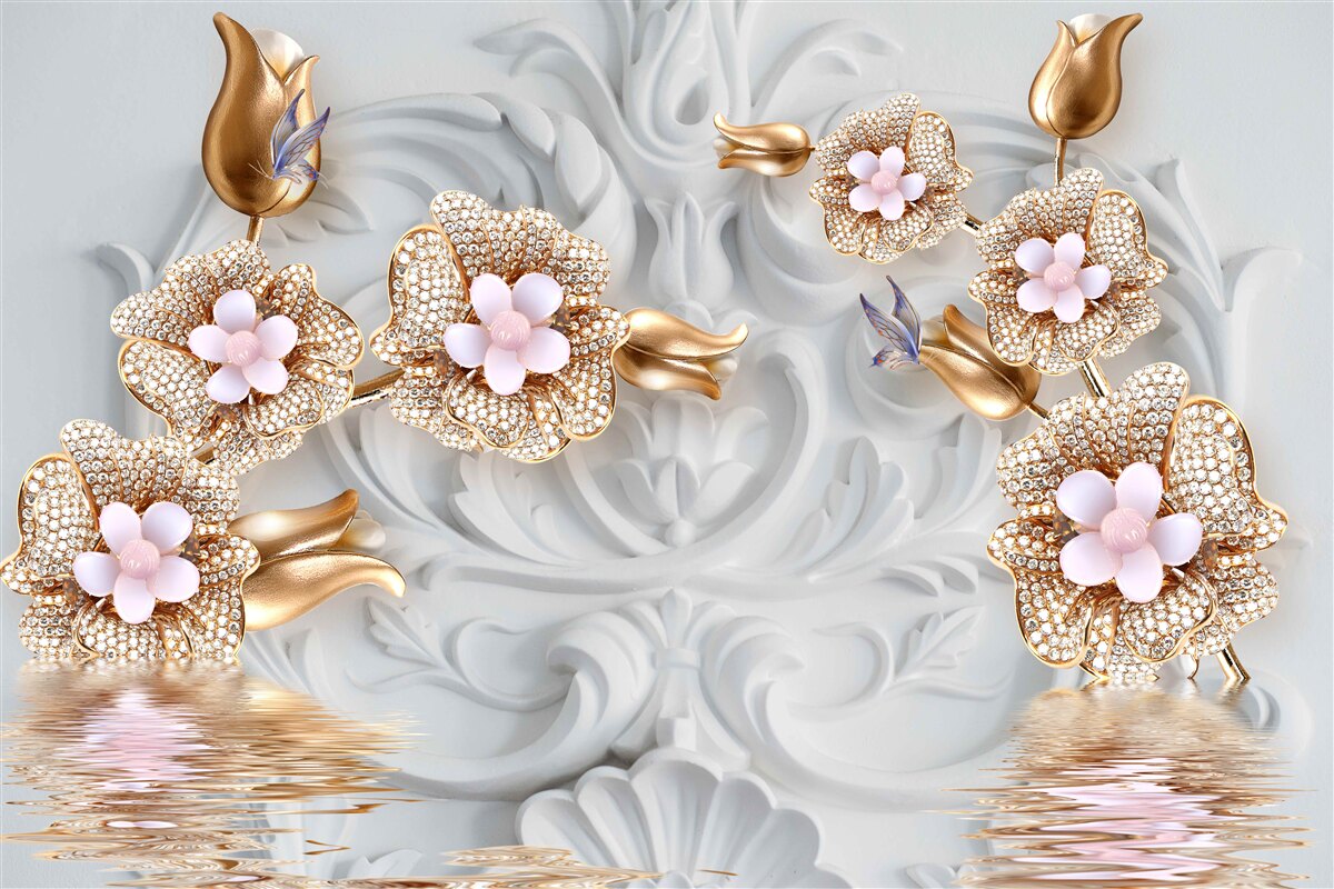 Fototapet flori albe, finisate în bronz și decorate cu cristale