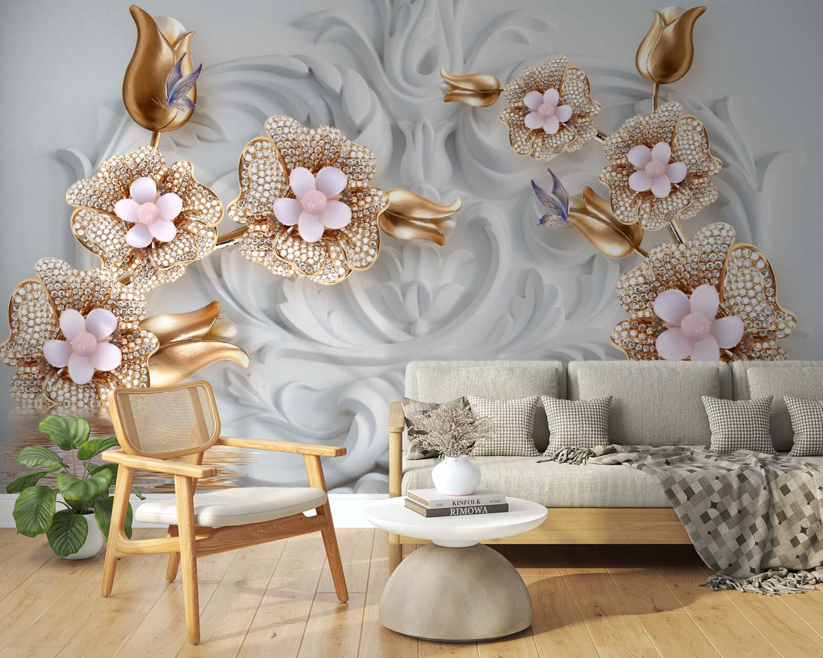 Fototapet flori albe, finisate în bronz și decorate cu cristale