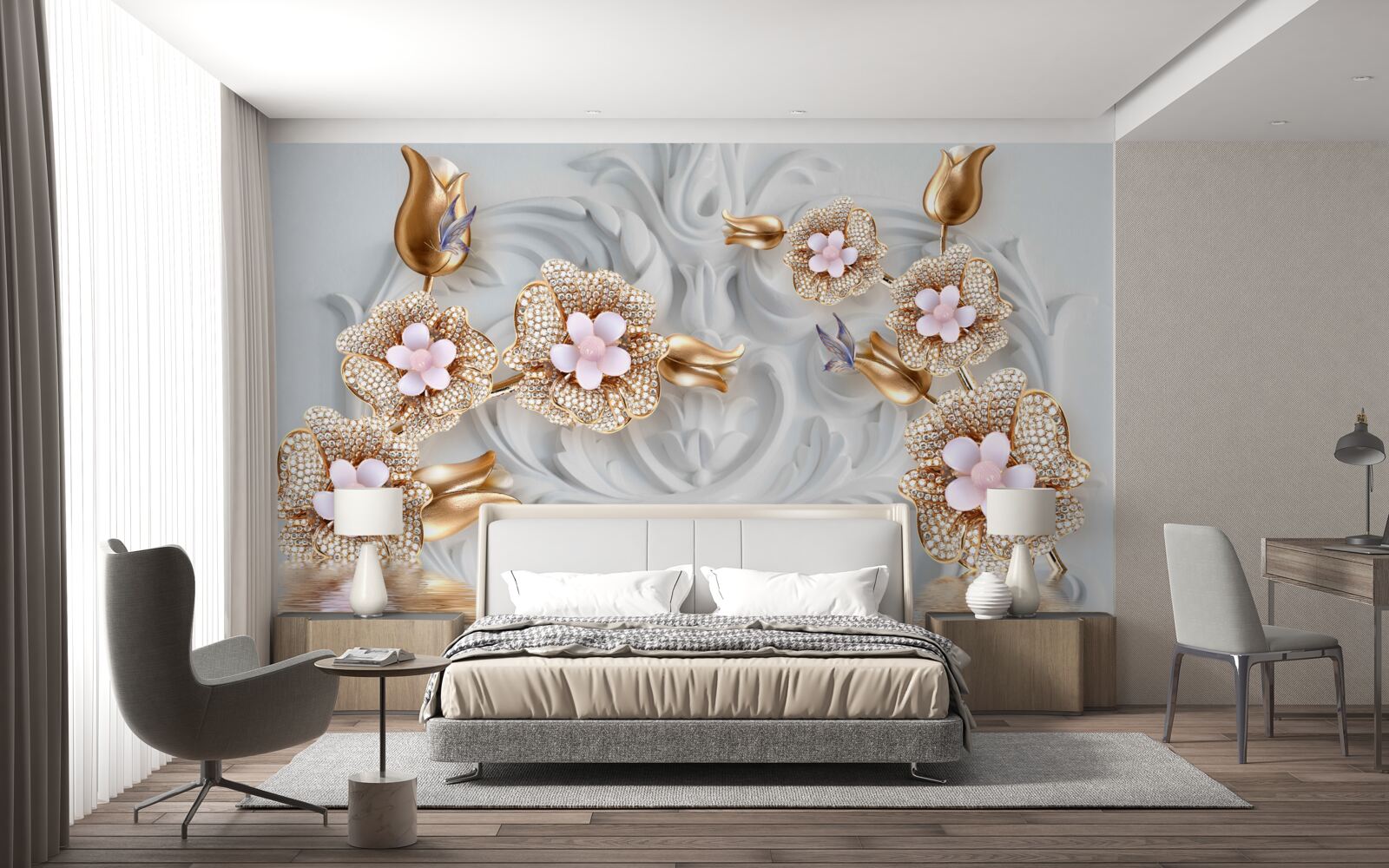 Fototapet flori albe, finisate în bronz și decorate cu cristale