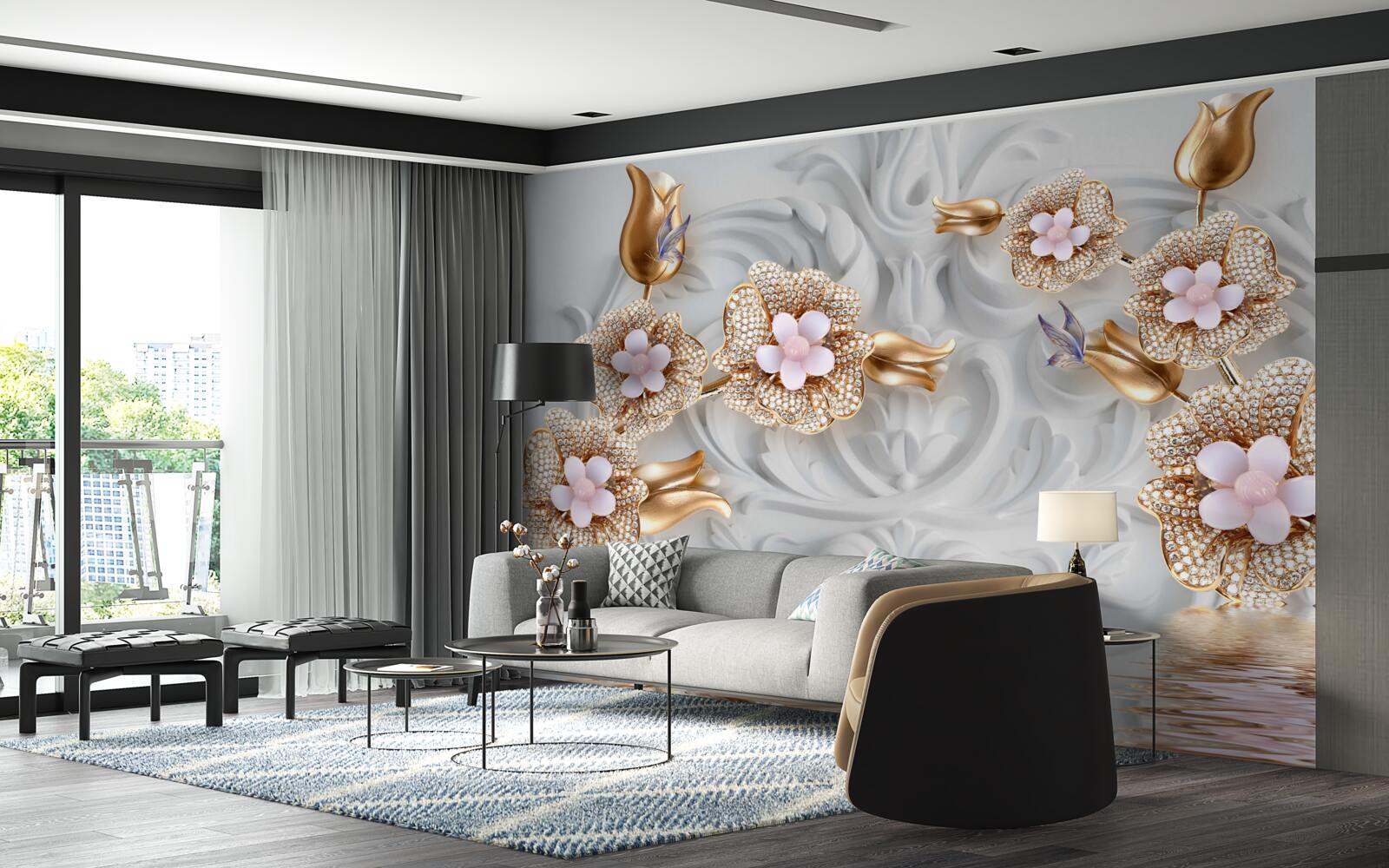 Fototapet flori albe, finisate în bronz și decorate cu cristale