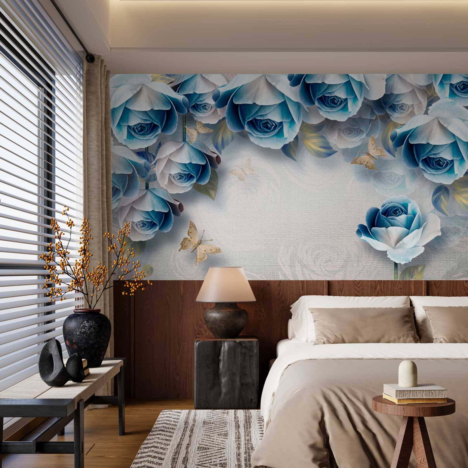 Fototapet fluturi și trandafiri albaștri