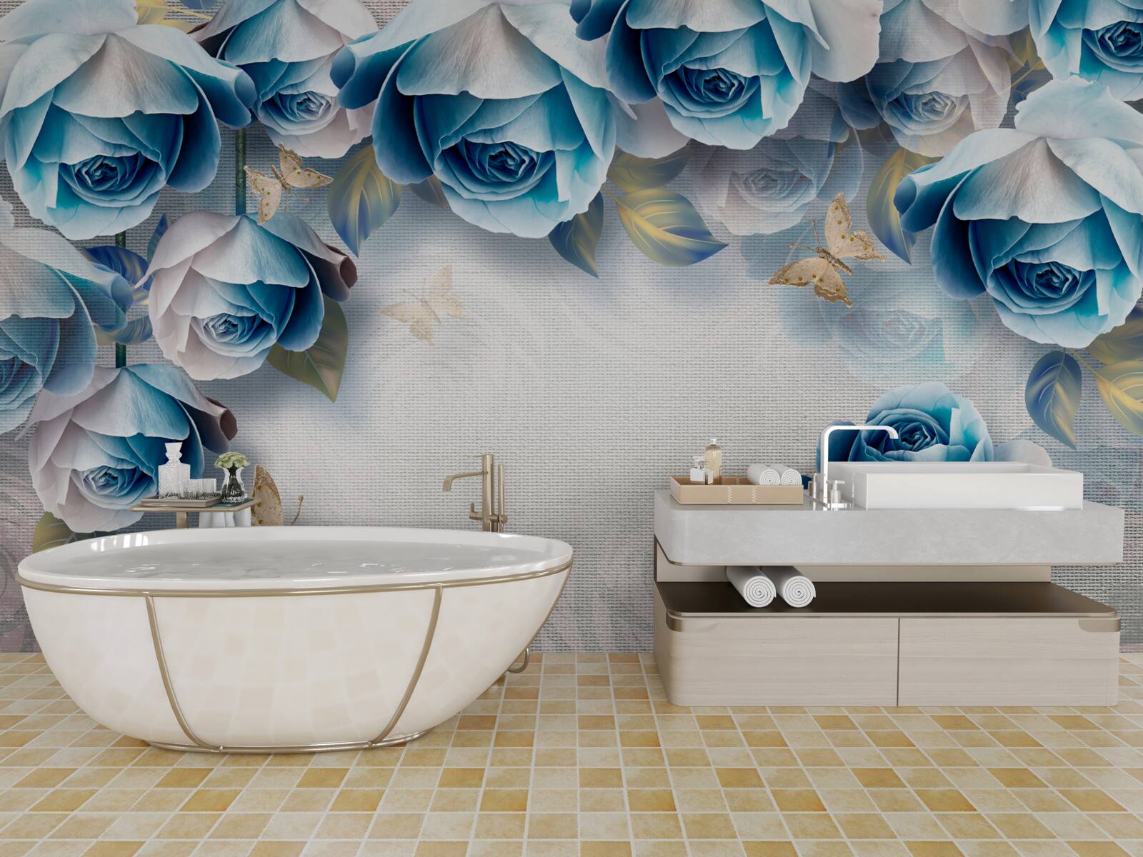 Fototapet fluturi și trandafiri albaștri