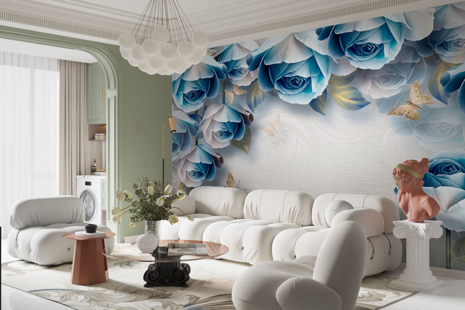 Fototapet fluturi și trandafiri albaștri