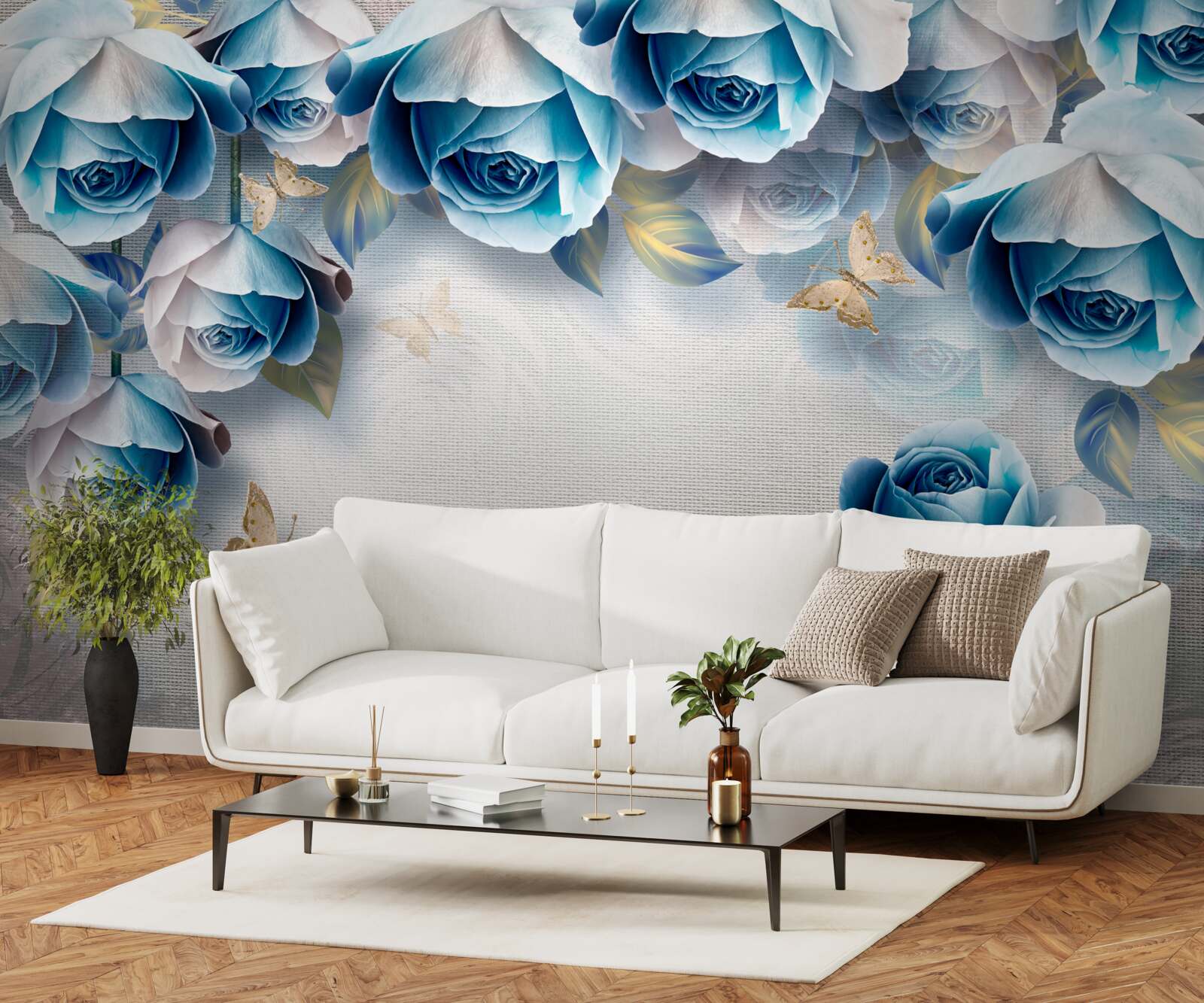 Fototapet fluturi și trandafiri albaștri