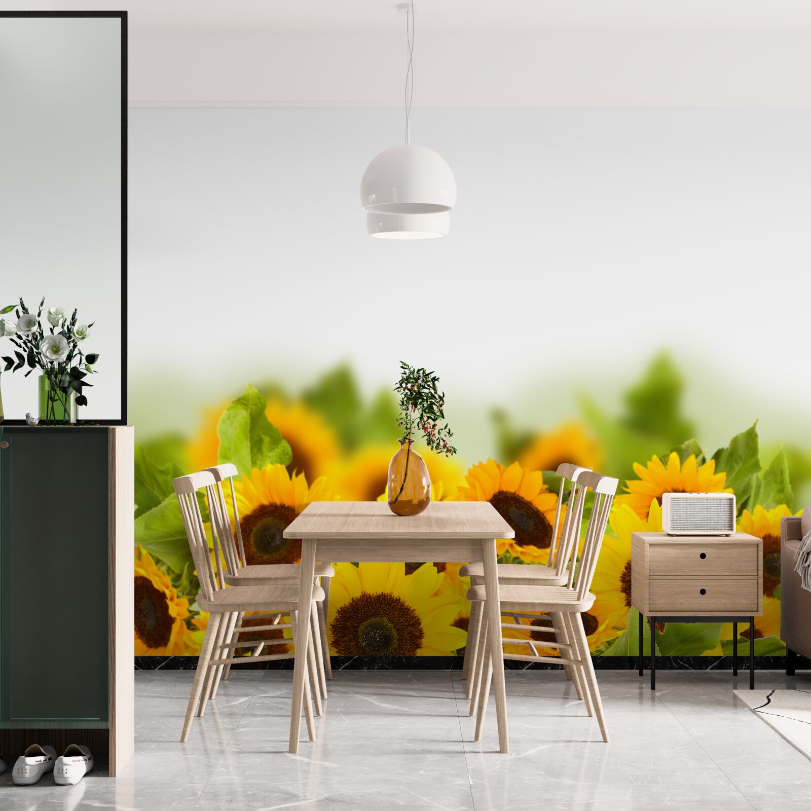 Fototapet câmp decorat cu floarea-soarelui colorată