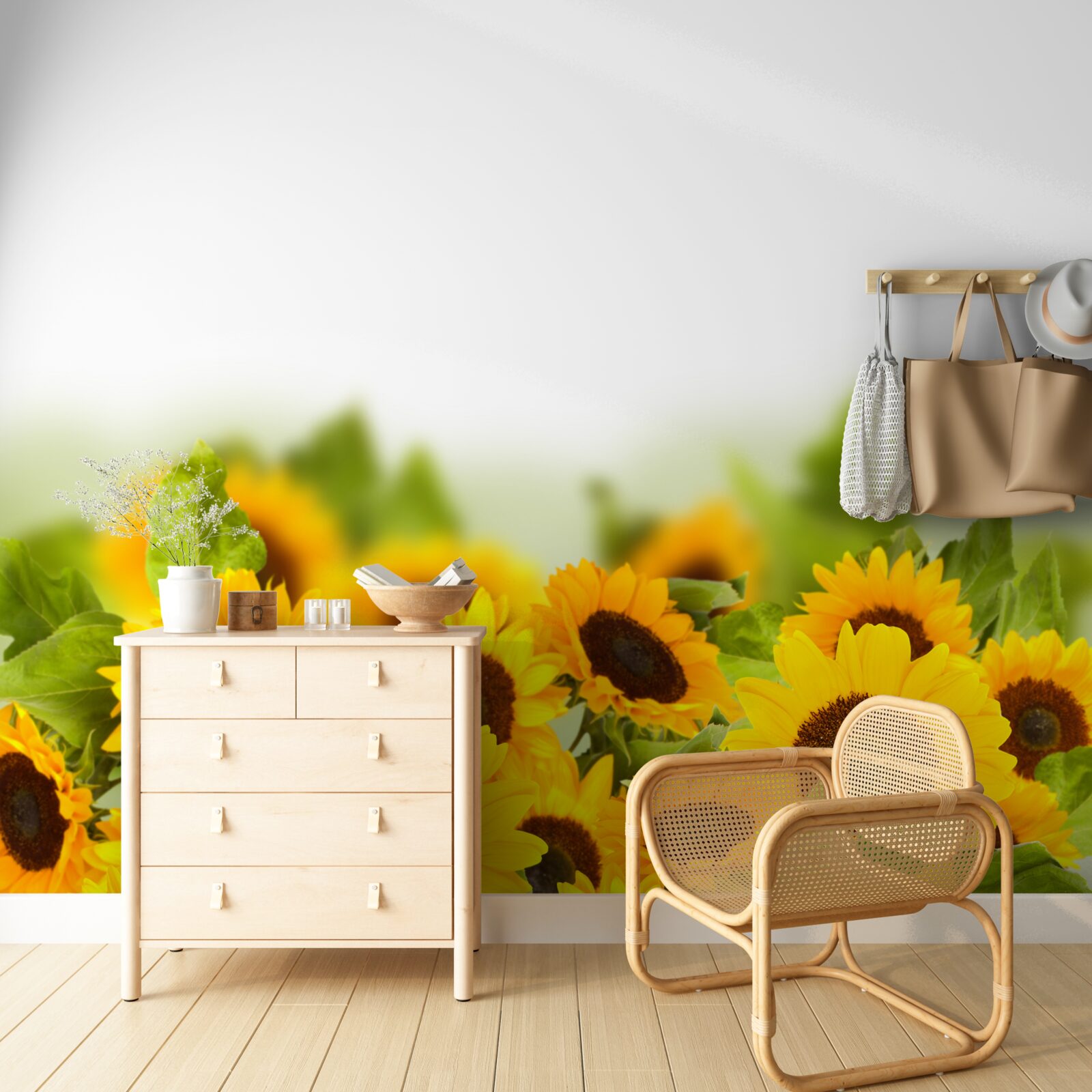 Fototapet câmp decorat cu floarea-soarelui colorată