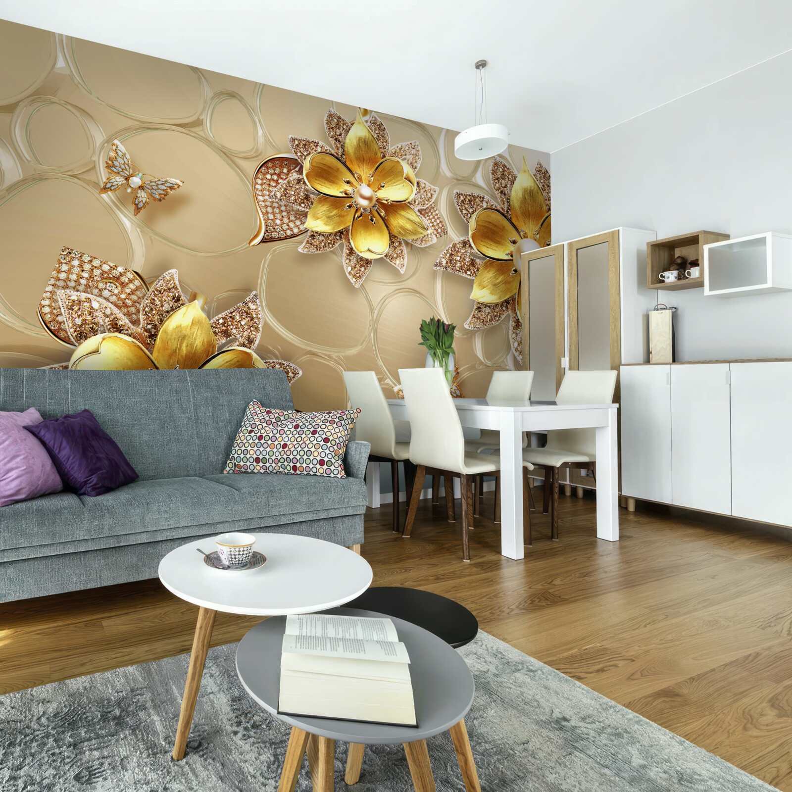 Fototapet flori din aur, decorate cu cristale