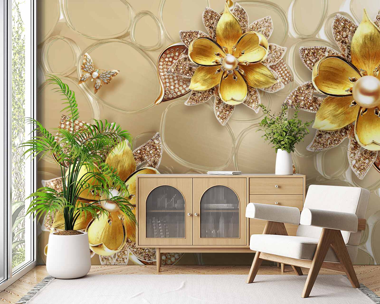 Fototapet flori din aur, decorate cu cristale