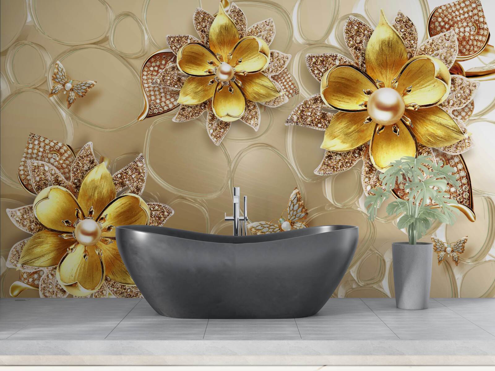 Fototapet flori din aur, decorate cu cristale