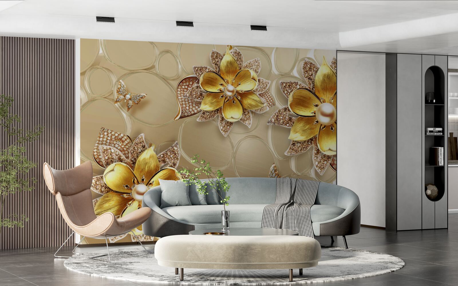 Fototapet flori din aur, decorate cu cristale