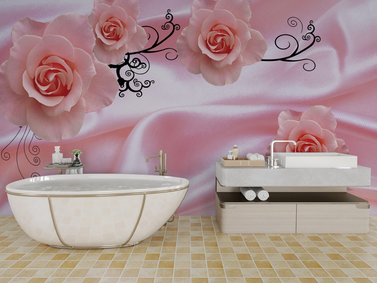 Fototapet flori roz moale pe tesatura de mătase roz