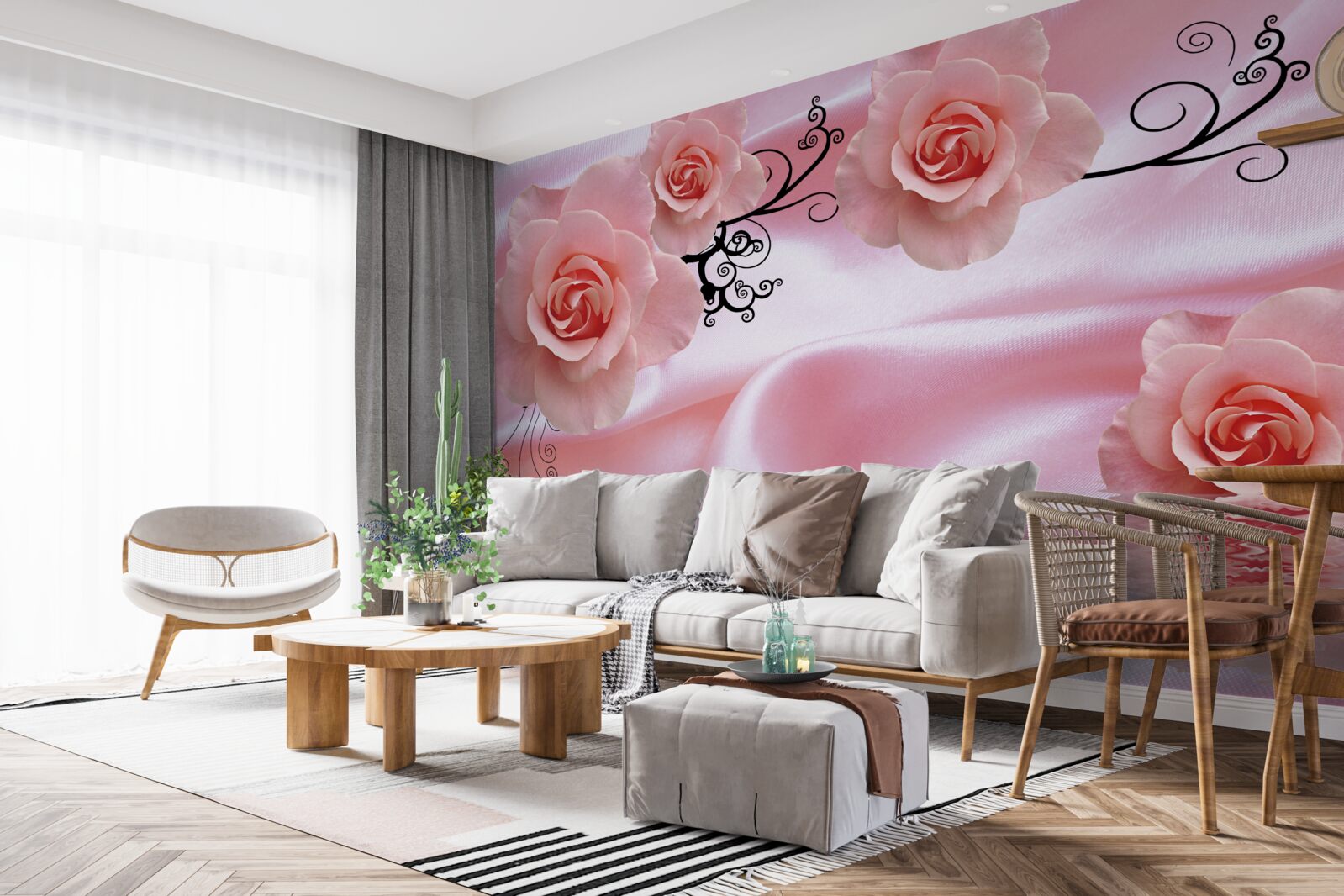 Fototapet flori roz moale pe tesatura de mătase roz