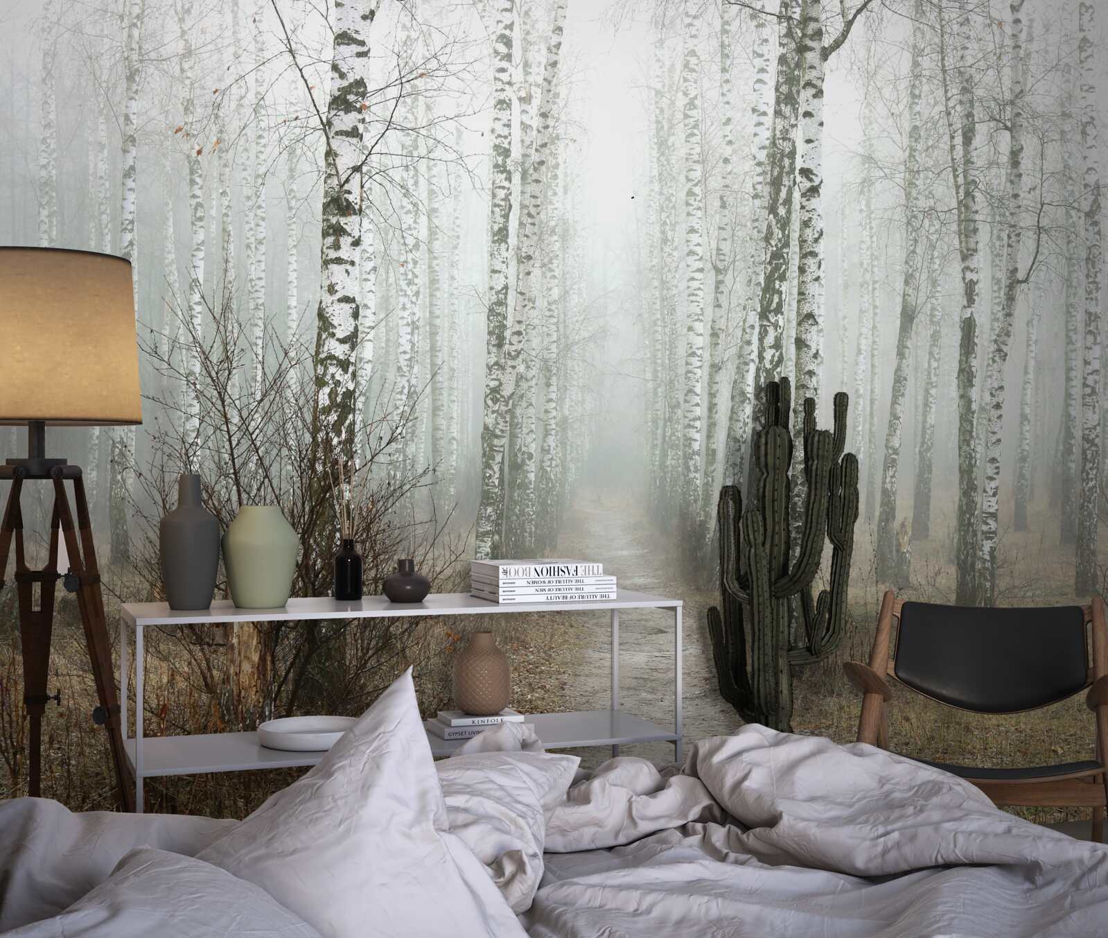 Fototapet O cărare printr-o pădure cețoasă plină de mesteceni