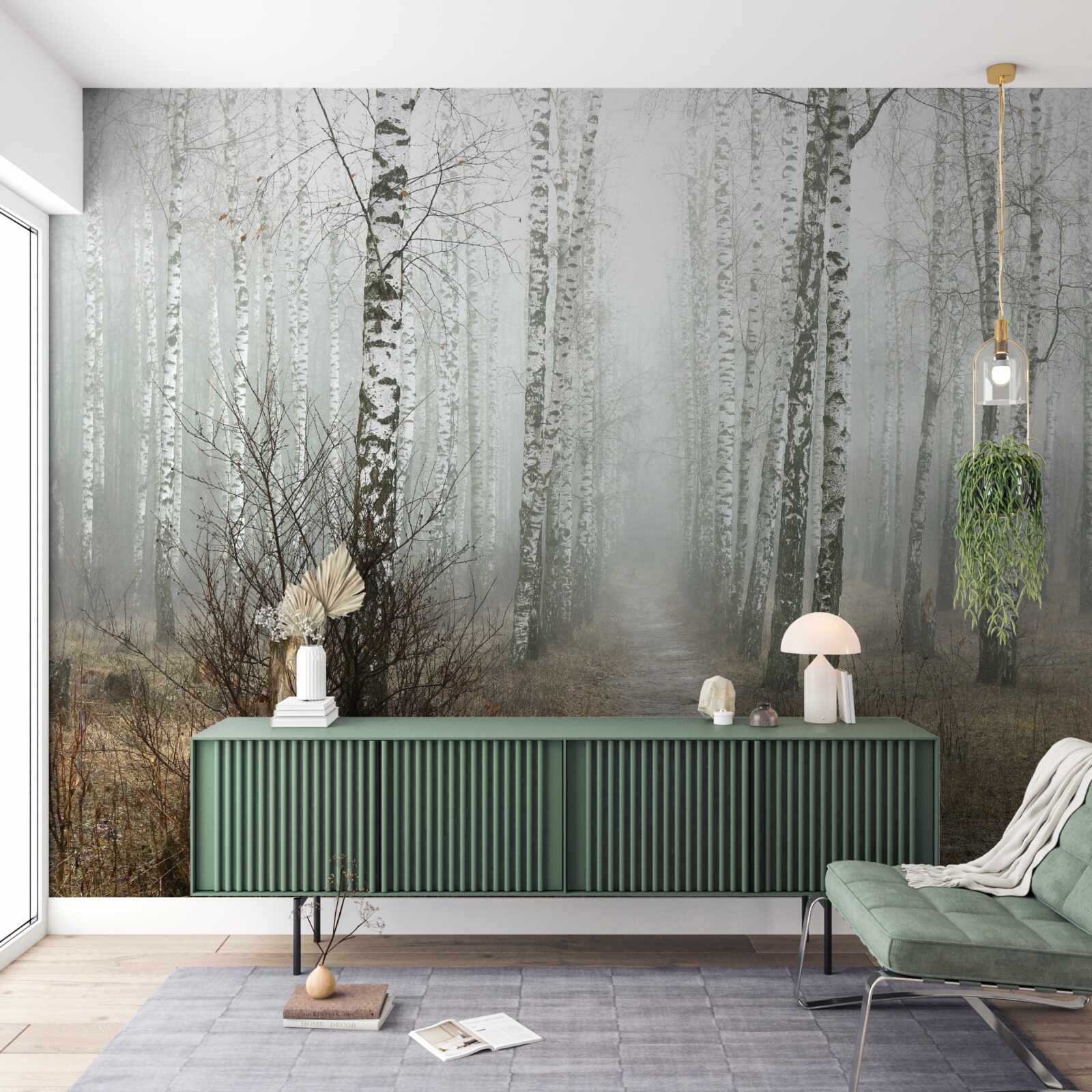 Fototapet O cărare printr-o pădure cețoasă plină de mesteceni