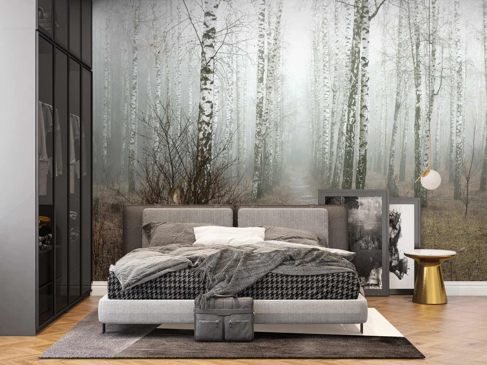 Fototapet O cărare printr-o pădure cețoasă plină de mesteceni