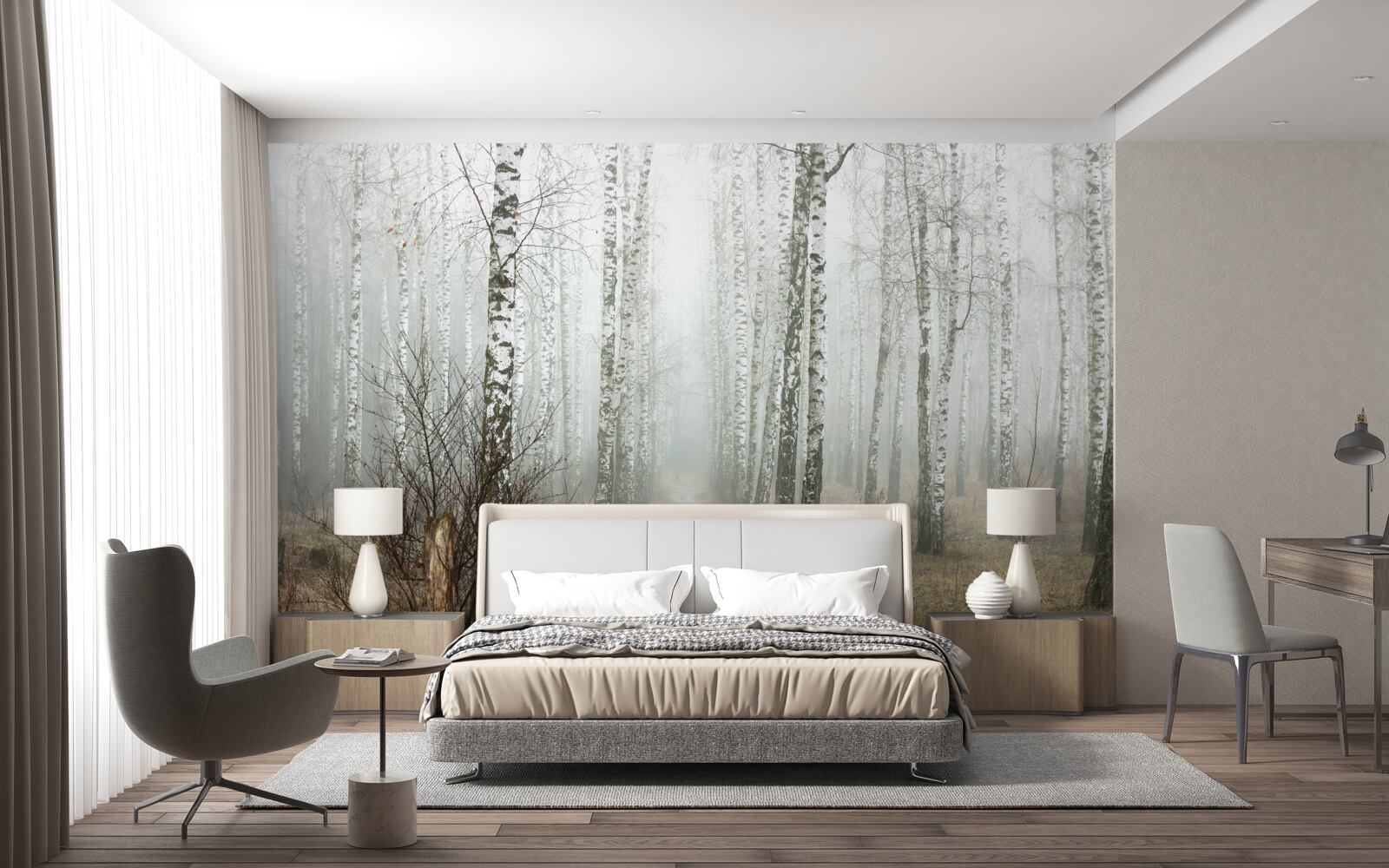 Fototapet O cărare printr-o pădure cețoasă plină de mesteceni