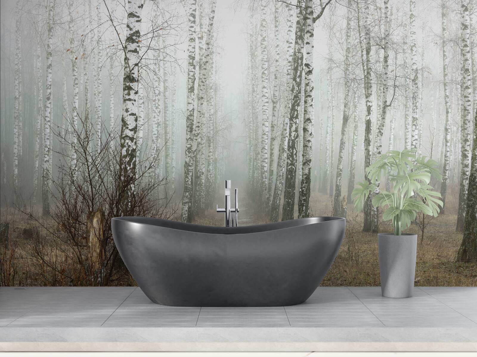 Fototapet O cărare printr-o pădure cețoasă plină de mesteceni