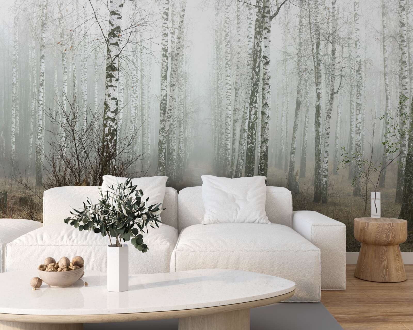 Fototapet O cărare printr-o pădure cețoasă plină de mesteceni