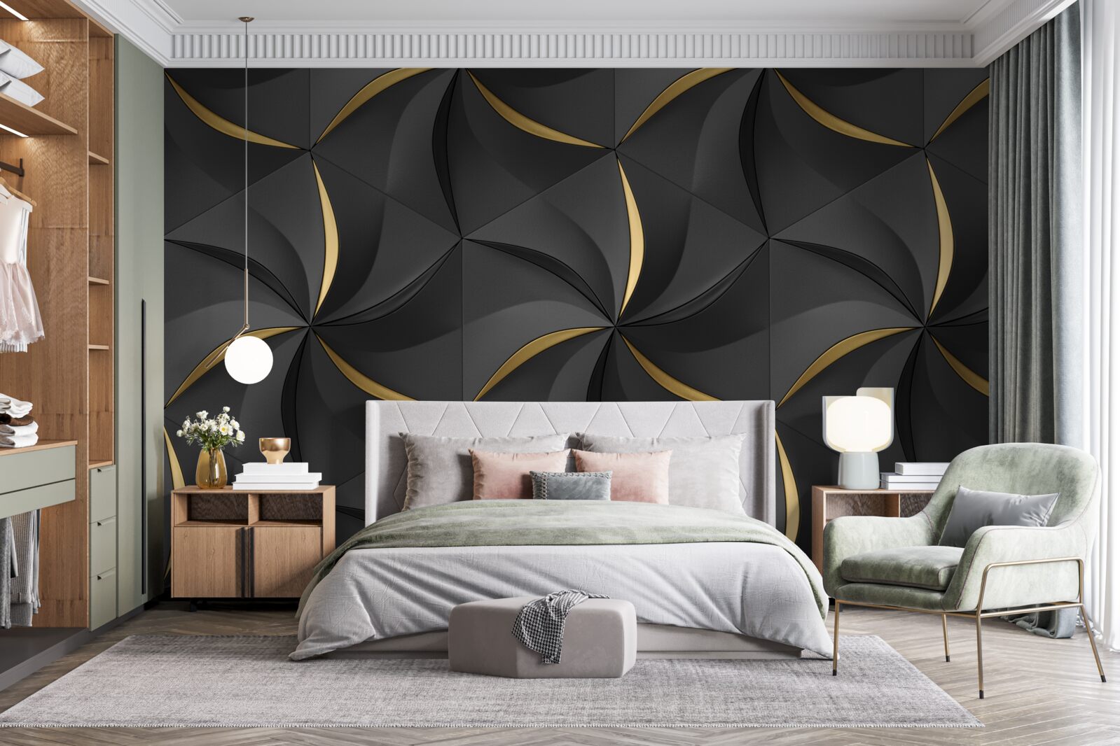 Fototapet spirale aurii pe un fundal negru