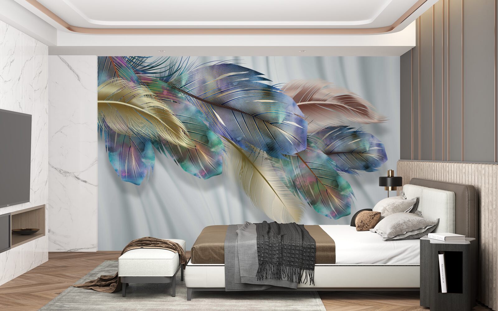 Fototapet pene extravagante pe un fundal alb pur