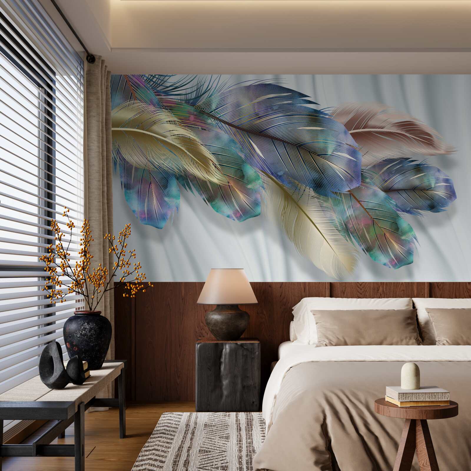 Fototapet pene extravagante pe un fundal alb pur