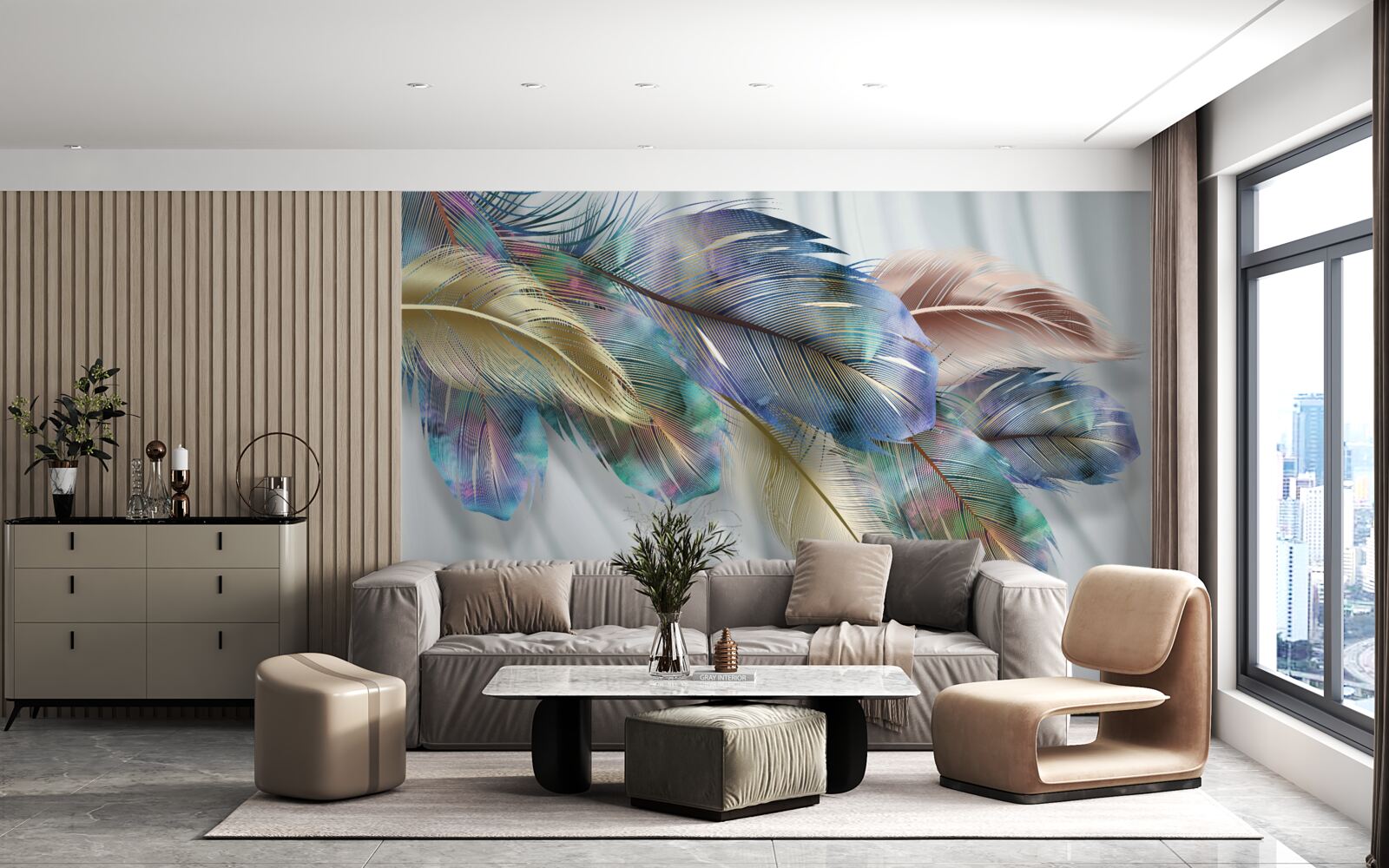 Fototapet pene extravagante pe un fundal alb pur