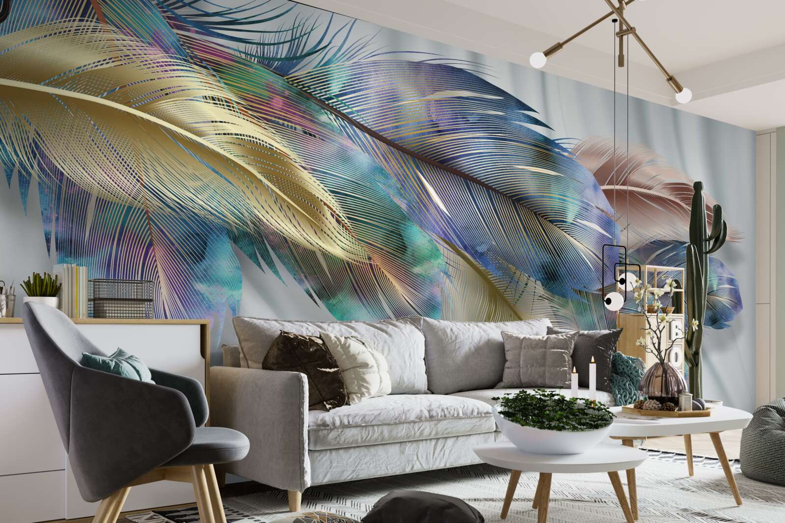 Fototapet pene extravagante pe un fundal alb pur