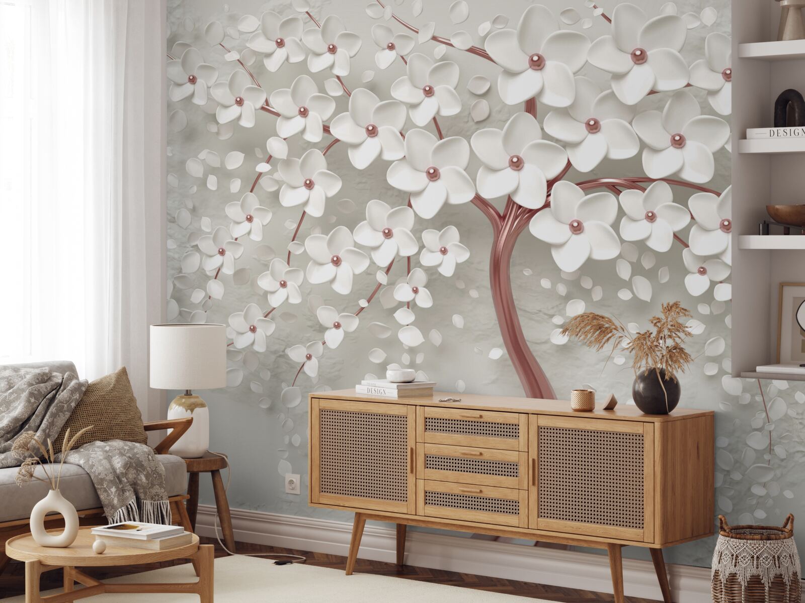 Fototapet copac cu flori albe, înflorire abundentă