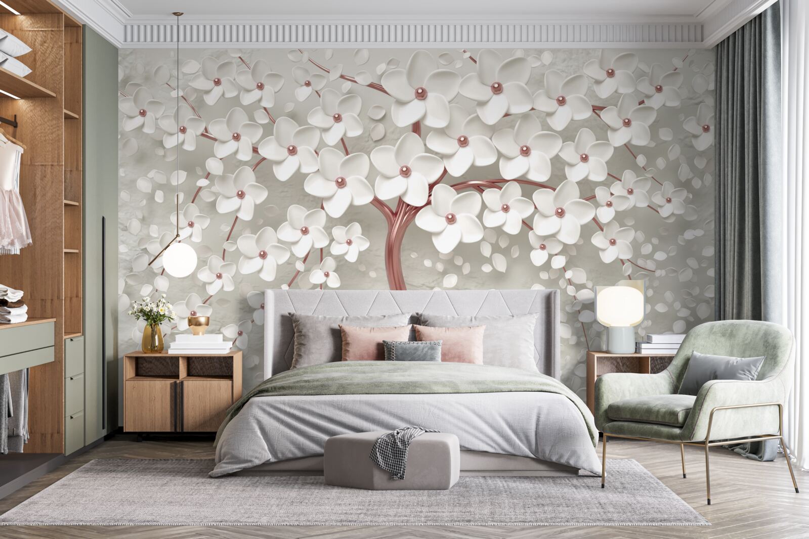 Fototapet copac cu flori albe, înflorire abundentă