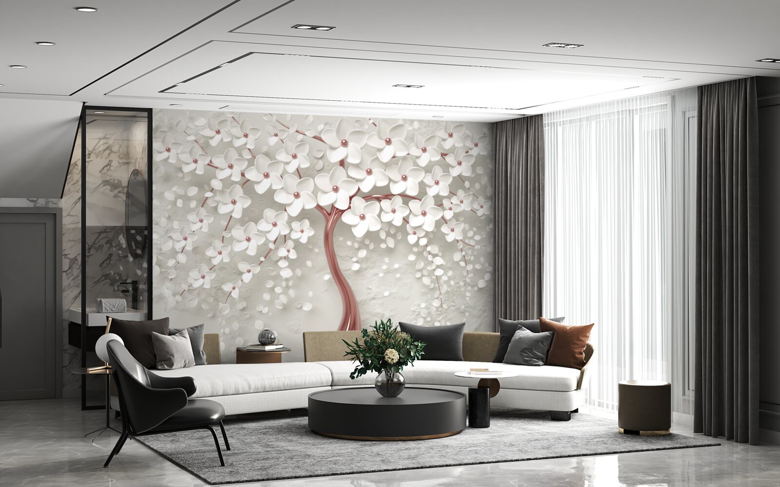 Fototapet copac cu flori albe, înflorire abundentă