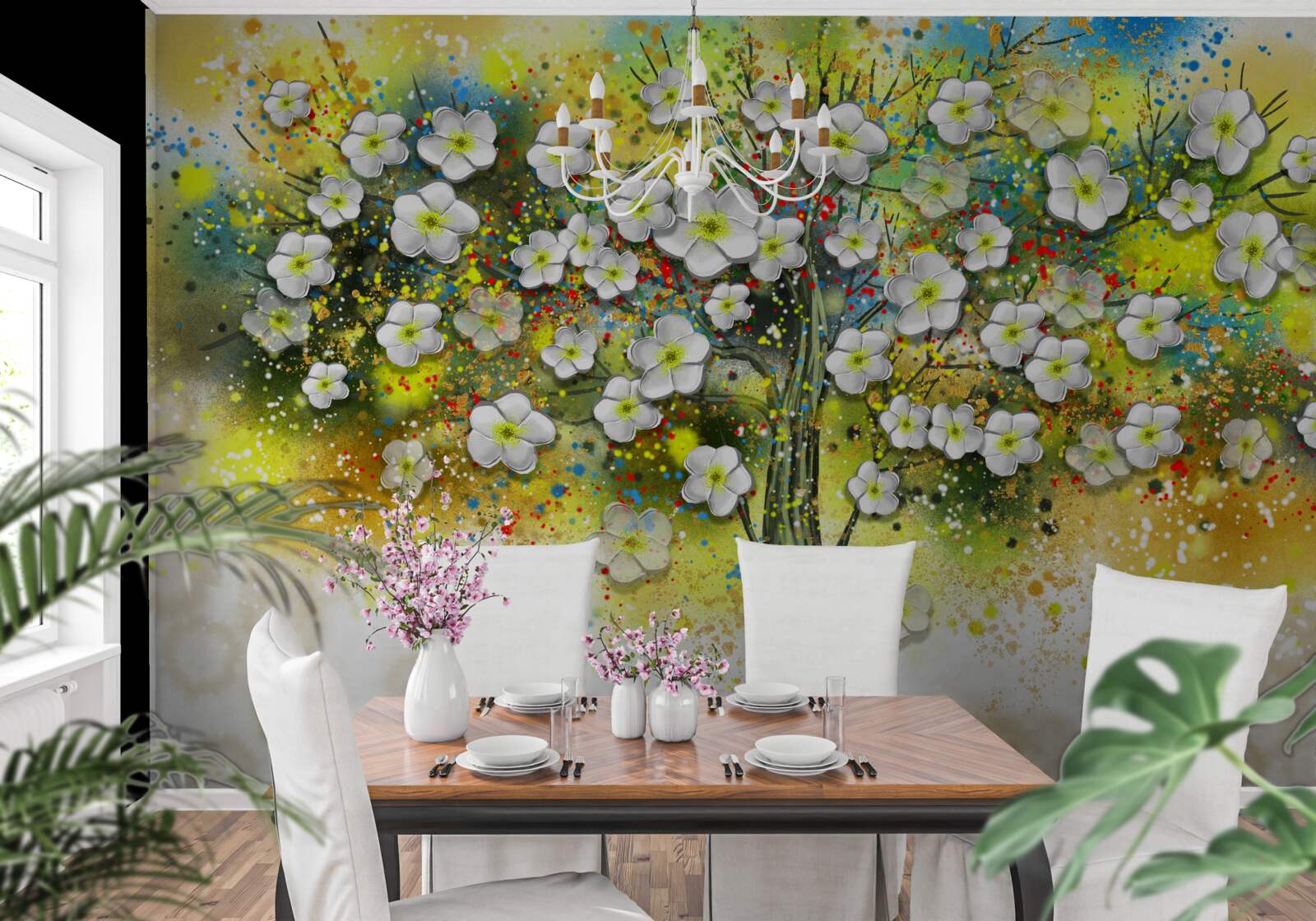 Fototapet copac verde, suculent, cu flori