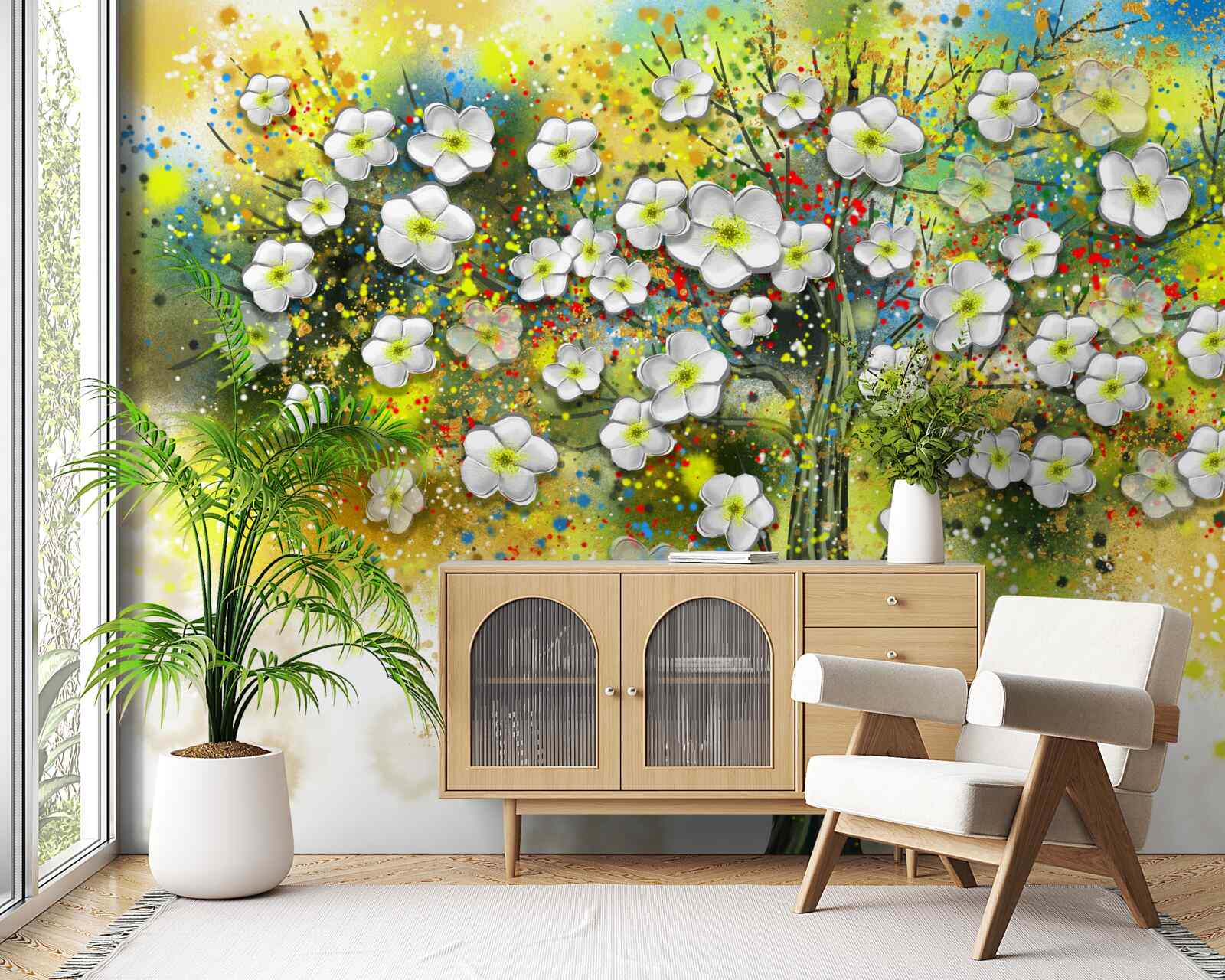 Fototapet copac verde, suculent, cu flori