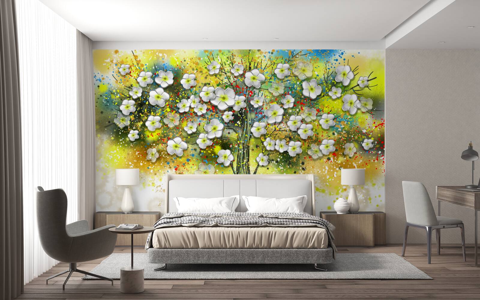 Fototapet copac verde, suculent, cu flori