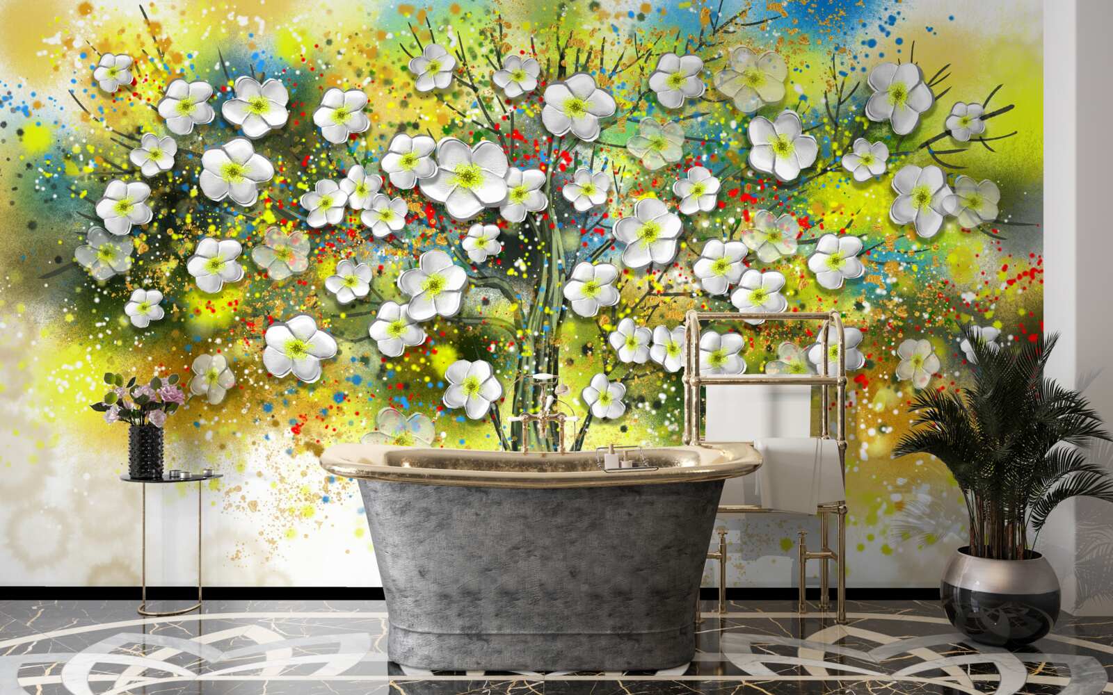 Fototapet copac verde, suculent, cu flori