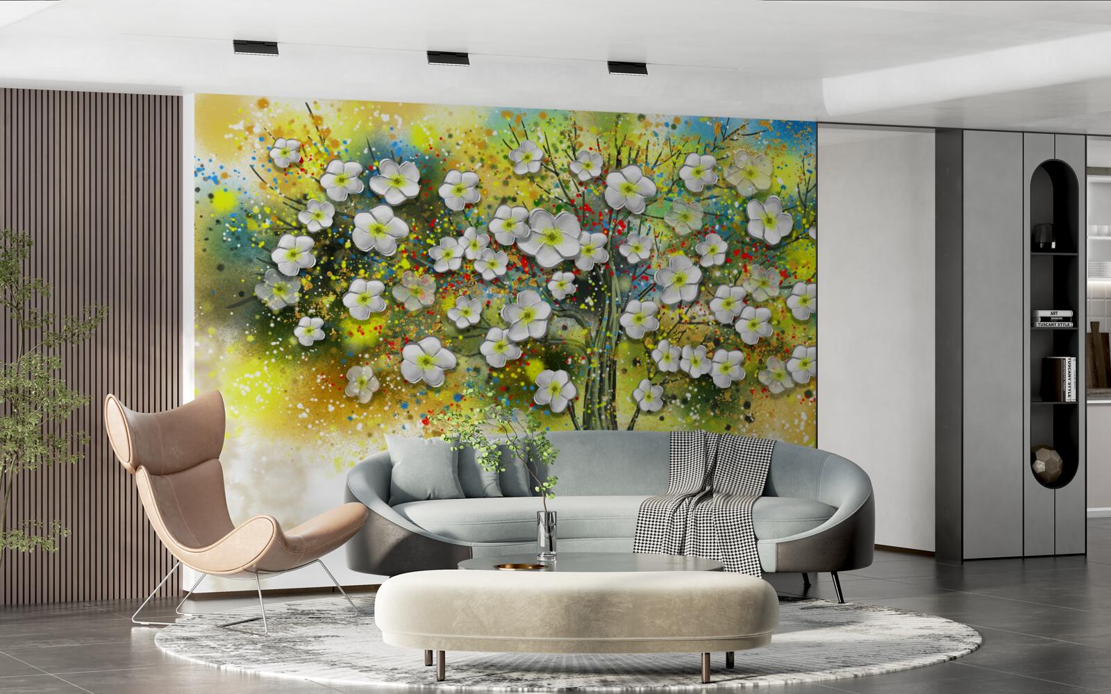 Fototapet copac verde, suculent, cu flori