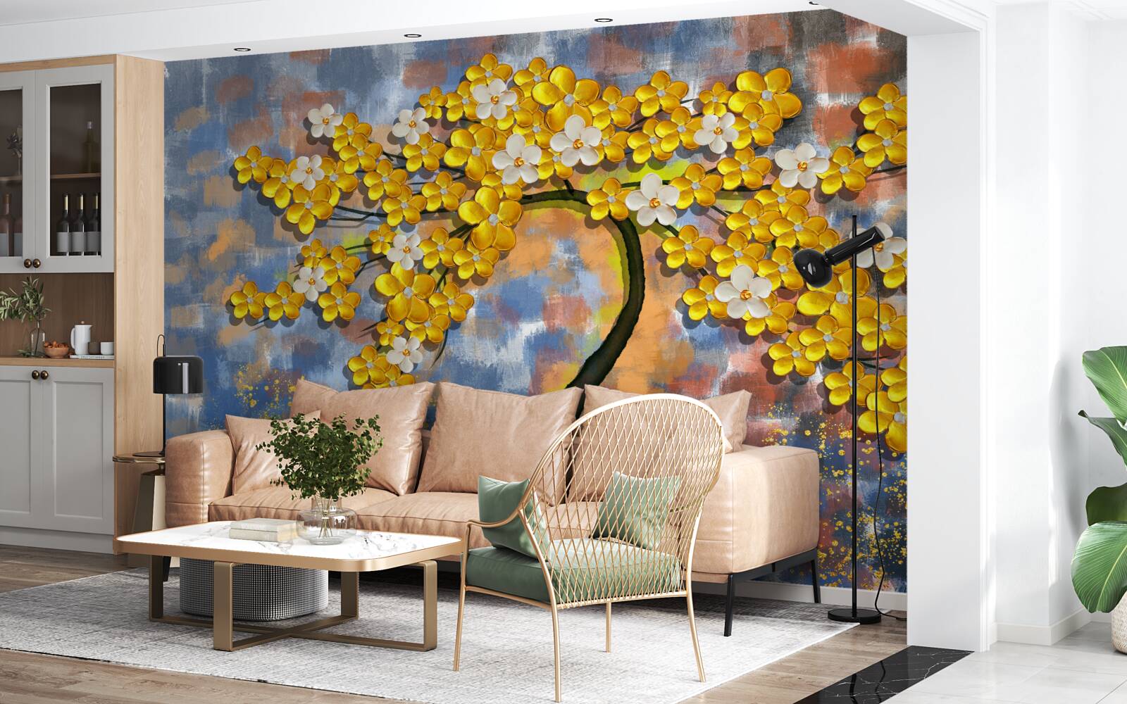 Fototapet toamna nuanțe de galben pe ramurile copacilor