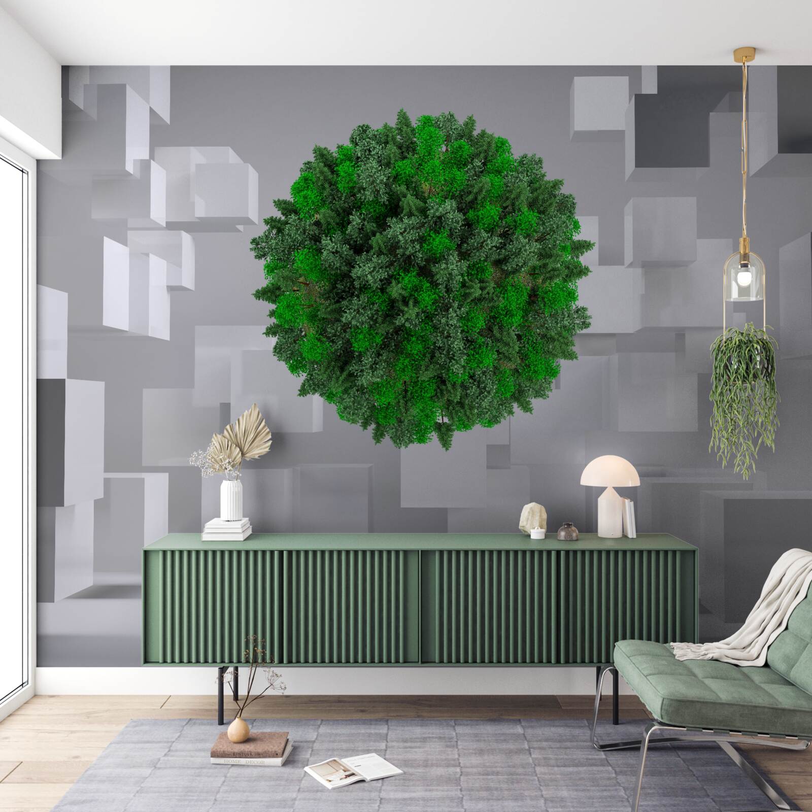 Fototapet hartă geometrică acoperită cu o mantie verde de plante