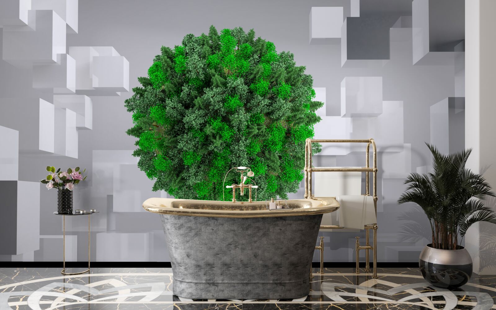 Fototapet hartă geometrică acoperită cu o mantie verde de plante