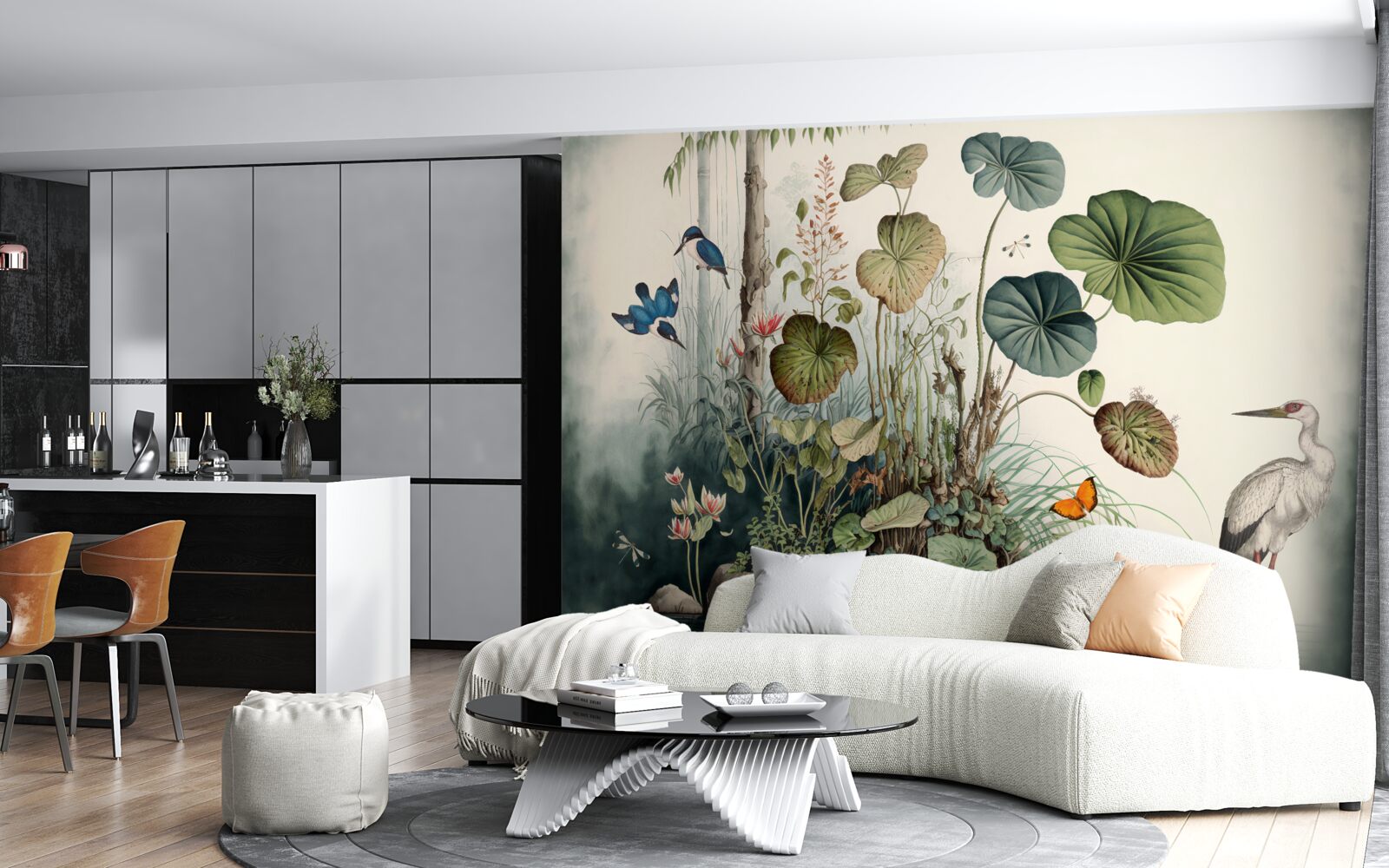 Fototapet o insulă singuratică în lac pe care se află o macara