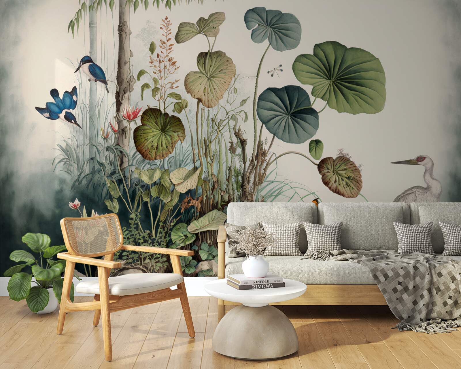 Fototapet o insulă singuratică în lac pe care se află o macara