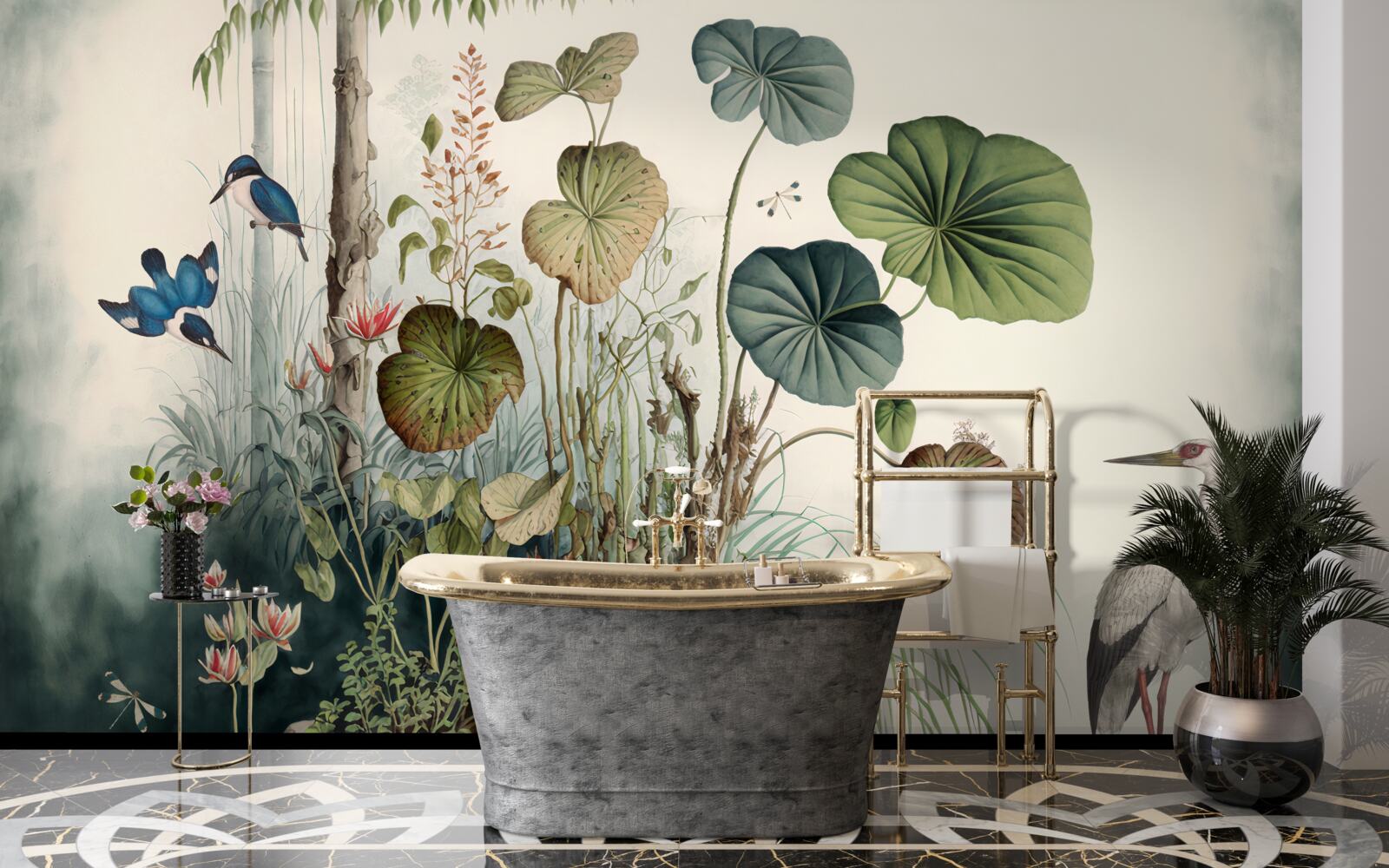 Fototapet o insulă singuratică în lac pe care se află o macara