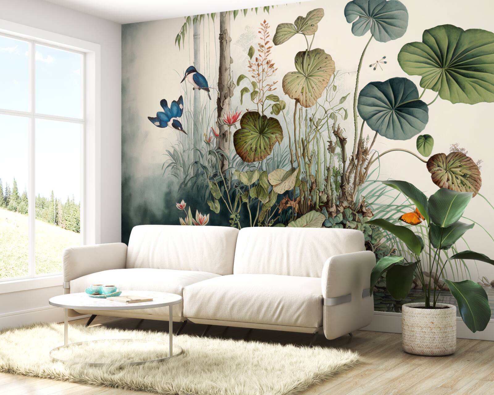 Fototapet o insulă singuratică în lac pe care se află o macara