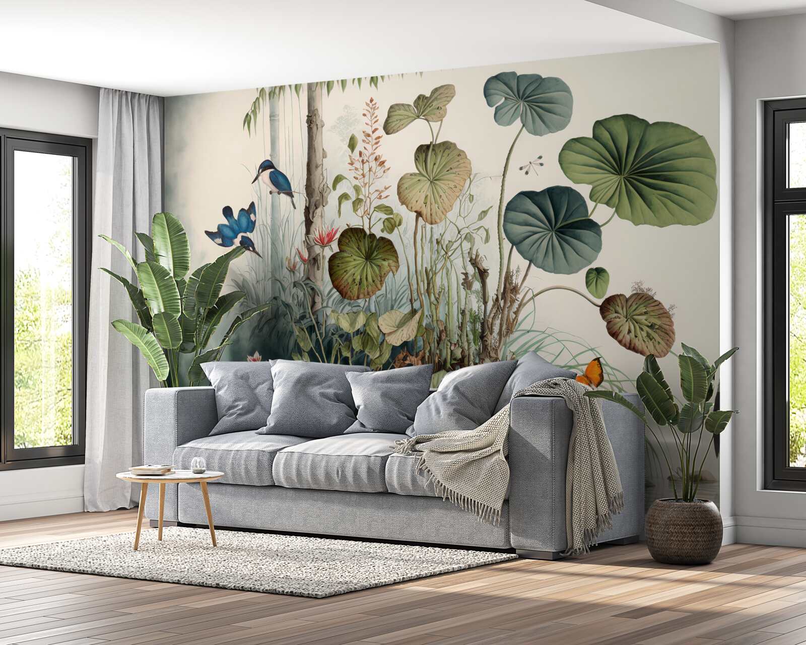 Fototapet o insulă singuratică în lac pe care se află o macara